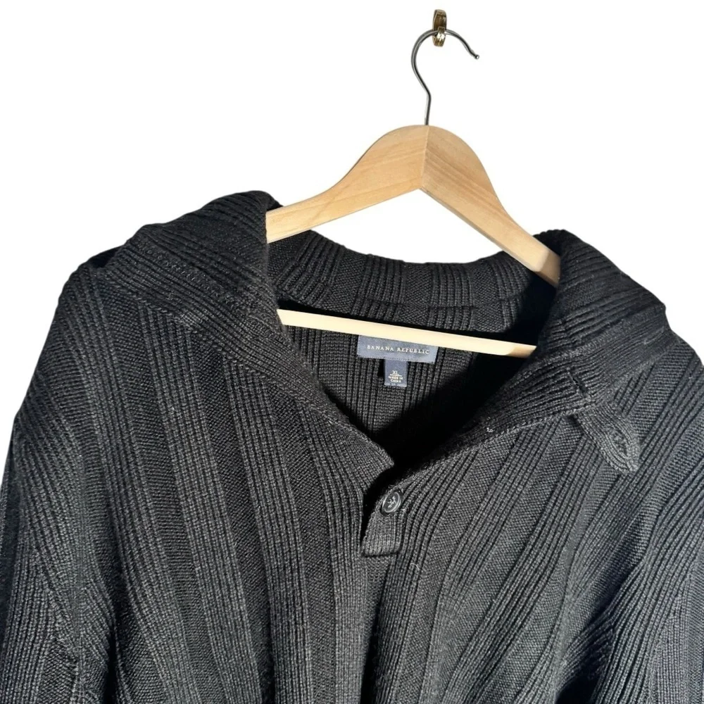 Banana Republic Men's Henley Sweater Merino Wool Ribbed Cowl Neck Black Size XL